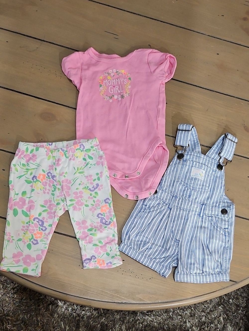 Children's Place Pink Floral Bodysuit & Striped Overalls Set - Pink, White, Blue